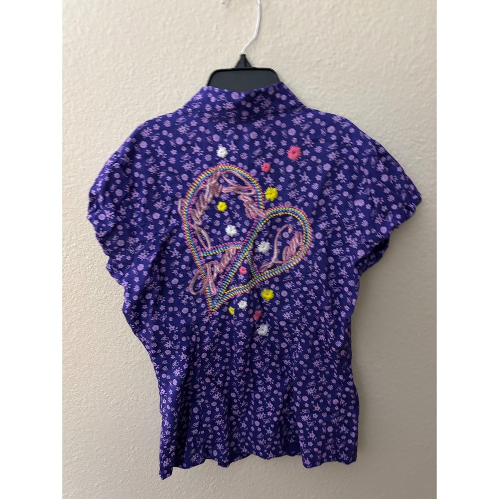 Southpole Purple Floral Embroidered Heart Short Sleeve Shirt S (A725) - Picture 2 of 3